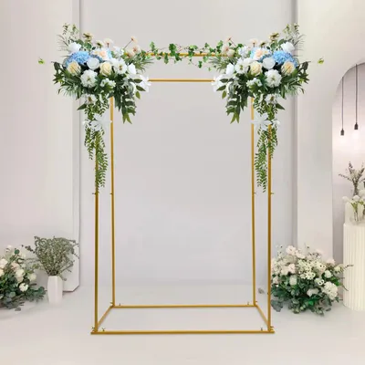 Zdjęcie produktu dla Prostokątna metalowa brama ślubna – stojak na tło fotograficzne – wolnostojąca – stalowa rama o wysokości 184 cm – podstawa 60 x 119 cm – złota