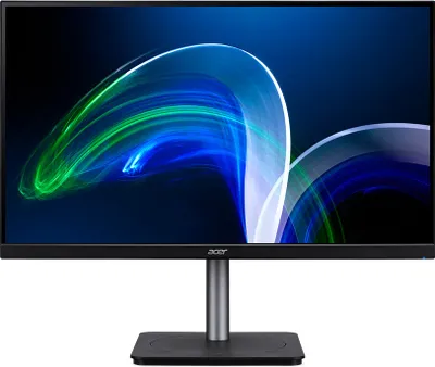 A black Acer monitor with a gray stand is shown against a white background. The monitor displays a colorful abstract image.