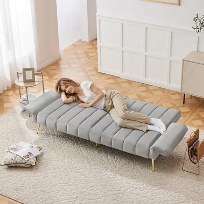 Image de OKWISH Canapé-Lit Pliant 2 Places - Canapé Convertible en Velours Gris avec Fonction Couchage et Pieds de Soutien