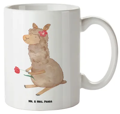 Produktbild von Mr. & Mrs. Panda Große Teetasse Alpaka Blume - Weiß - Geschenk, Keramiktasse, Lama, steingut tasse, Lamas, Spruch, Pott, Kaffeepott