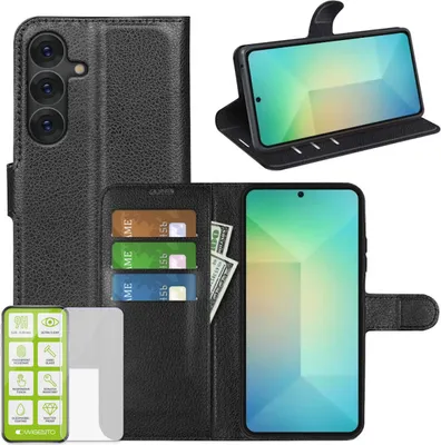Obrázek produktu pro Pro Samsung Galaxy S25 5G Leatherette Book Wallet Case Black + 9H Hard Glass