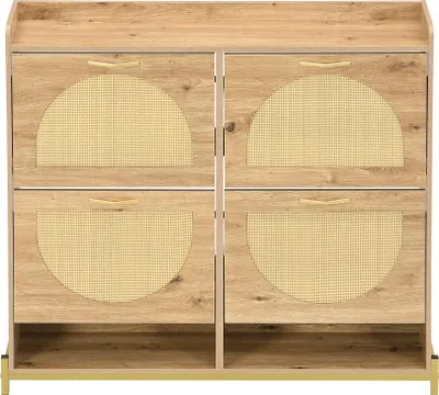 Produktbild von Merax eleganter Schuhschrank aus Holz mit Rattantüren und 4 Türen, Schuhregal mit Metallrahmen und Regalablage, platzsparend für Flur/ Eingangsbereich