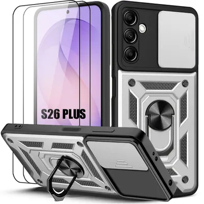 Image de Coque + 2 Verres Trempés pour Samsung Galaxy S26 Plus, avec Anneau et Protection Caméra - Argenté