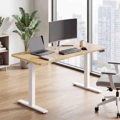 Produktbild von VASAGLE Elektrisch verstellbarer Stehtisch, Memory-Funktion mit 4 Höhen, Schreibtisch für Home Office, 140 x 60 cm, goldeichenfarben und mattweiß