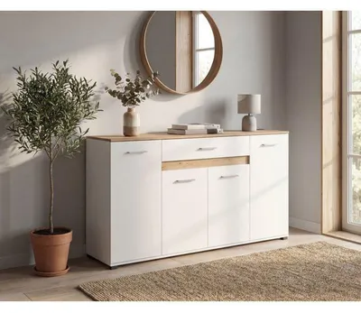 Image de Buffet VOLOS - Blanc & Chene Artisan - 4 portes, 1 tiroir - 160 x 37,5 x 90 cm