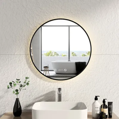 Produktbild von EMKE Badspiegel mit Beleuchtung, runder LED-Spiegel mit Touchschalter und Uhr, Badspiegel mit schwarzen Rahmen, ф60cm, Neutralweiß