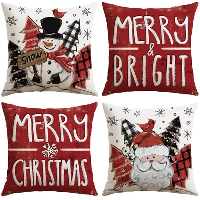 4er-Set Kissenbezüge Leinen 45x45 cm Weihnachtsdeko Rot
