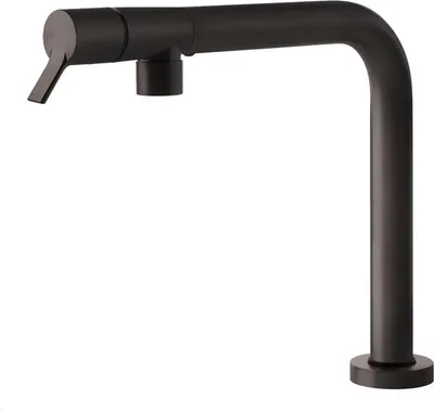 A black metal faucet against a white background.