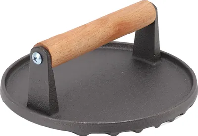 Obrázek produktu pro Grill Press Cast Iron Ridge Surface Comfortable Wooden Handle Round Meat Press for BBQ Burger Bacon