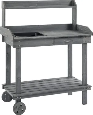 Zdjęcie produktu dla Outsunny stół do sadzenia z szufladą 2 poziomy stół ogrodniczy ze zlewem i kółkami drewno jodłowe ogrodowe szary 92 x 45 x 119 cm