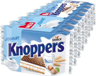 Produktbild von STORCK Knoppers Joghurt, 200 g, Joghurt, Zucker, pflanzliche Fette (Palm, Shea), Weizenmehl (11,8%), Magermilchpulver (8,1%),..., 2336 kJ, 560 kcal, 35,1 g