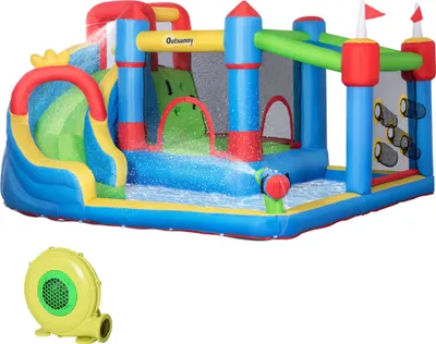 Zdjęcie produktu dla Dmuchany zamek Outsunny z dmuchawą dla dzieci Nadmuchiwany park wodny ze zjeżdżalnią wodną Brodzik Ścianka wspinaczkowa Trampolina Pistolet na wodę Dmuchane zamki na zewnątrz Zamek sprężynowy dla 3 dzieci w wieku 3-8 lat