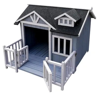 Produktbild von XL Hundehütte 93,5 x 77,5 x 70 cm, grau-weiß, Holz Hundehaus mit Veranda, Hundehöhle für Balkon, Garten und Terrasse