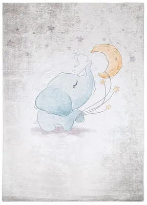 A watercolor-style illustration of a baby elephant reaching for the moon and stars.