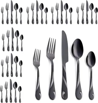 Produktbild von Schwarzes Besteckset für 8 Personen, 40-teiliges Edelstahlbesteckset, glänzendes schwarzes Metallbesteckset, einschließlich Gabel-, Messer- und Löffelset, spülmaschinenfest