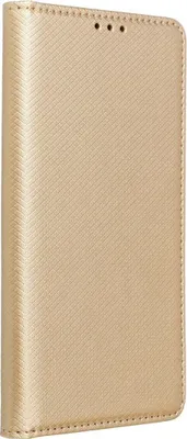 A gold-colored flip phone case is shown from a side angle against a white background.
