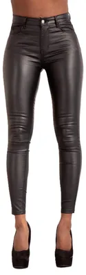 Productafbeelding van Glook Lederhose dames, zwart, hoge taille, kunstleren broek, lederlook, Polyurethan(maat L, S)