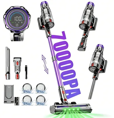 Obrázek produktu pro Bezdrátový vysavač – tyčový/ruční vysavač – 500 W – filtr HEPA – nádoba na prach 1–2 l – LCD displej – výdrž až 59 minut – štěrbinová hubice – fialová