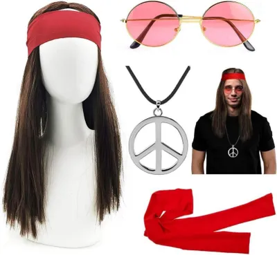 Produktbild von Hippie Kostüm Set 4-teilig für Herren 70er Jahre Karneval Peace Mottoparty