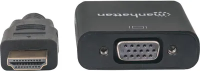 Produktbild von Manhattan HDMI auf VGA-Konverter, HDMI-Stecker auf VGA-Buchse, optionaler USB Micro-B-Stromport, schwarz, Polybag-Verpackung