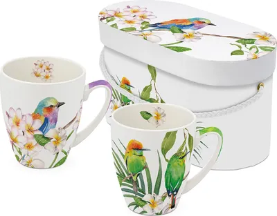Produktbild von 2 Kaffeebecher, exotische Vögel mit Geschenkbox, Blumen Vogel Geschenkidee