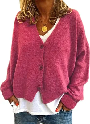 Produktbild von ASKSA Damen Strickpulli Lose Lässige Strickjacken V-Ausschnitt Einfarbig Knopf Strickjacke Pullover, Rosenrot, L