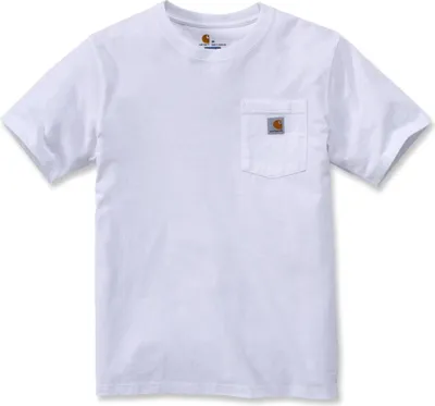 A plain white t-shirt with a chest pocket and a Carhartt logo on the pocket.