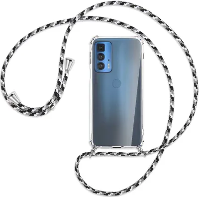 Produktbild von Handykette Backcover-Schutzhülle mit Band (Metall silberfarben) für Motorola Edge 20 Pro - schwarz/grau/weiß