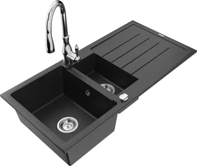 Produktbild von Mexen Andres 1,5-Becken-Granitspüle mit Abtropffläche und Mischbatterie Savita, Schwarz/Silber - 6515-73-672601-00