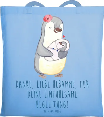 Produktbild von Mr. & Mrs. Panda Shopping Tasche Liebe Hebamme - Sky Blue - Geschenk, Bedanken, Anerkennung, Jutebeutel, Dankbarkeit, Einkaufstasche, Aufmerksamkeit, Stoffbeutel