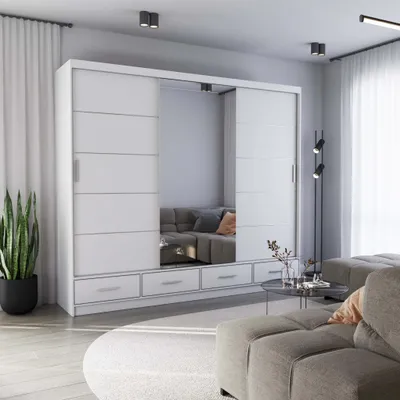 Produktbild von Schwebetürenschrank Schrank Kleiderschrank 250 cm Weiß/Weiß matt mit Spiegel Florence
