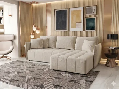 Image de Canapé d’angle CHICAGO droit beige velours Monolith 2 - fonction couchage, coffre de rangement pour la literie
