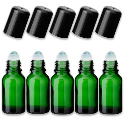 Produktbild von 5x Grüne Glasflasche 15 ml Roll-On mit schwarzem Verschluss Leer 18 mm