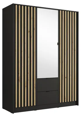 Immagine prodotto di Armadio TORVIK 3 porte con specchio, cassetti e listelli nero e rovere 150 cm