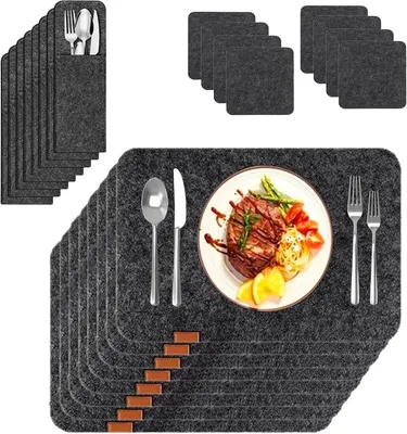 Productafbeelding van PromoHome® placemats, set van 24 – Premium placemats met 8 placemats, 8 onderzetters en 8 bestekzakken – Wasbaar vilt – Anthraciet
