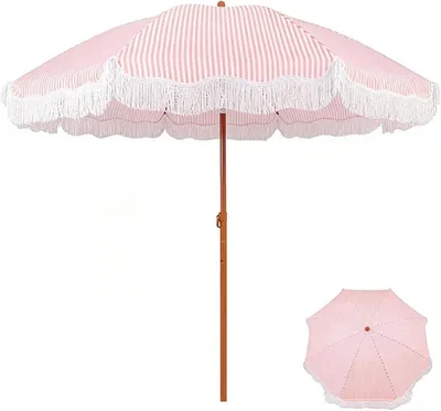 Productafbeelding van Strandparasol met Franjes - Boho Gestreepte Parasol - Zonwering Buiten - Verstelbare Helling - 200 cm Diameter - Perzik Wit