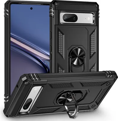 Produktbild von Schutzhülle für Google Pixel 7A, Dual Layer Robust Militäre Fallschutz Hülle mit Ringhalterung Ständer Schwarz