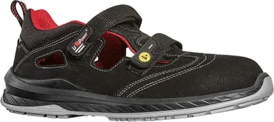 A single black safety shoe with red accents is shown against a white background.