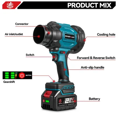 Produktbild von Akku-Laubbläser - Turbo-Gebläse - 3500 W - 350 m/s - Bürstenloser Motor - 6 Geschwindigkeiten - 2-in-1 - 1 Akku Enthalten
