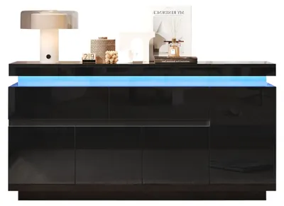 Immagine prodotto di Mobile bar in legno nero con illuminazione a LED, dimensioni 140x35x72,5 cm, 2 cassetti, 4 ante e finitura lucida, ideale per il soggiorno
