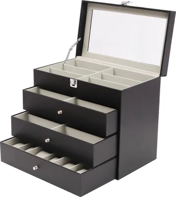 Produktbild von Brillen-Aufbewahrungsbox - Multifunktionaler Organizer - 18 Fächer - 4 Ebenen - Abschließbarer Glasdeckel - Kunstleder - Für Brillen & Sonnenbrillen, Uhren & Schmuck - Schwarz