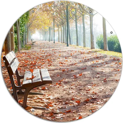 Produktbild von Wallario rundes Outdoor-Poster für Garten oder Balkon, Motiv Einsame Parkbank an einer Allee - Herbststimmung, 120 cm Durchmesser