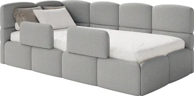 Produktbild von Selsey Cloudy – Kinderbett 120x200, Kopfteil links, Matratze & Bettkasten, Bouclé Grau