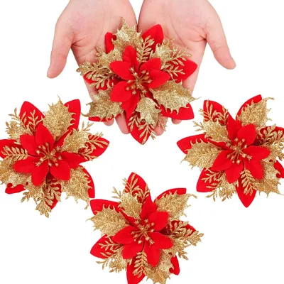 Produktbild von 12 Stück glitzernde Weihnachtssterne, 14 cm, künstliche Blumen, Weihnachten, mit Clips, Stielen, Weihnachtsbaumschmuck für Hochzeit, Party, Kranzdekoration (rot)