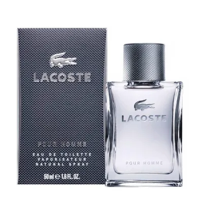 A bottle of Lacoste Pour Homme eau de toilette and its packaging are shown against a white background.
