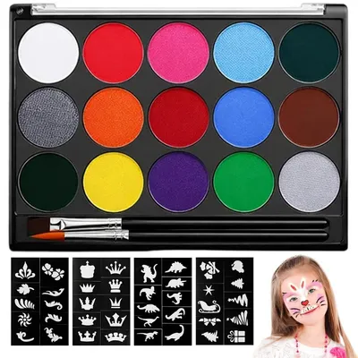 Produktbild von Schminkpalette 15 Farben mit 2 Pinseln & 32 Tattoo Schablonen
