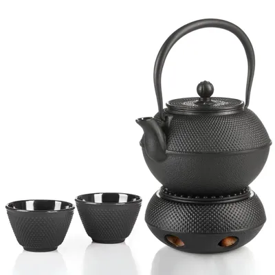 Image de Service à thé en fonte Dimono noir – Théière de 1,3 L avec réchaud et 2 tasses (80 ml) – Fabriqué à la main, émaillé et doté d'une fine texture en relief