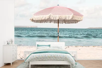 Produktbild von MuchoWow® Fototapete für Wohnzimmer oder Schlafzimmer Wandtapete Vinyl Motivtapete Sonnenschirm - Strand - Meer - Wolken - 600x400 cm - Vinyltapeten