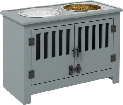 Image de PawHut mangeoire, station d'alimentation surélevée avec mangeoire de 2L en acier inoxydable, espace de rangement, double porte avec serrure, bar pour chiens de très grande taille, gris