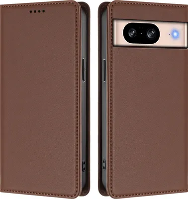 Image de Étui en cuir pour Google Pixel 8, étui à rabat magnétique en cuirPolyuréthaneavec support, marron